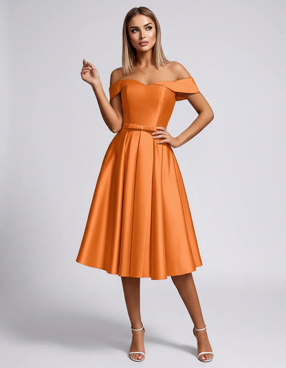 Satin Off-the-Shoulder Sweetheart A-Line Midi Dress with Pockets for Party, Cocktail, Evening, Wedding Guest & Summer Events, | SKU: LMD-584730196284715-ORANGE-L,LMD-584730196284715-ORANGE-M,LMD-584730196284715-ORANGE-S,LMD-584730196284715-ORANGE-XL,LMD-584730196284715-ORANGE-XS