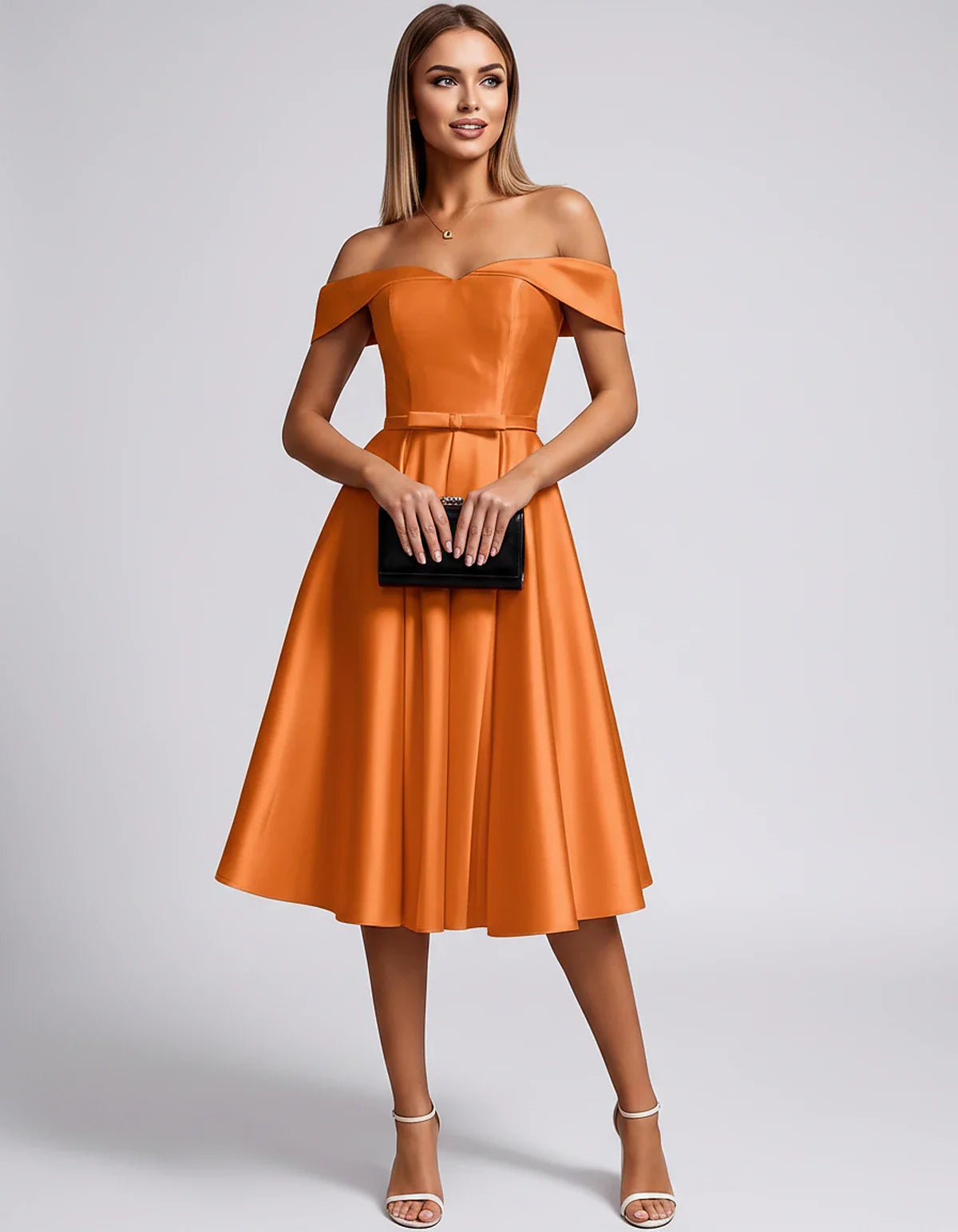 Satin Off-the-Shoulder Sweetheart A-Line Midi Dress with Pockets for Party, Cocktail, Evening, Wedding Guest & Summer Events, | SKU: LMD-584730196284715-ORANGE-L,LMD-584730196284715-ORANGE-M,LMD-584730196284715-ORANGE-S,LMD-584730196284715-ORANGE-XL,LMD-584730196284715-ORANGE-XS
