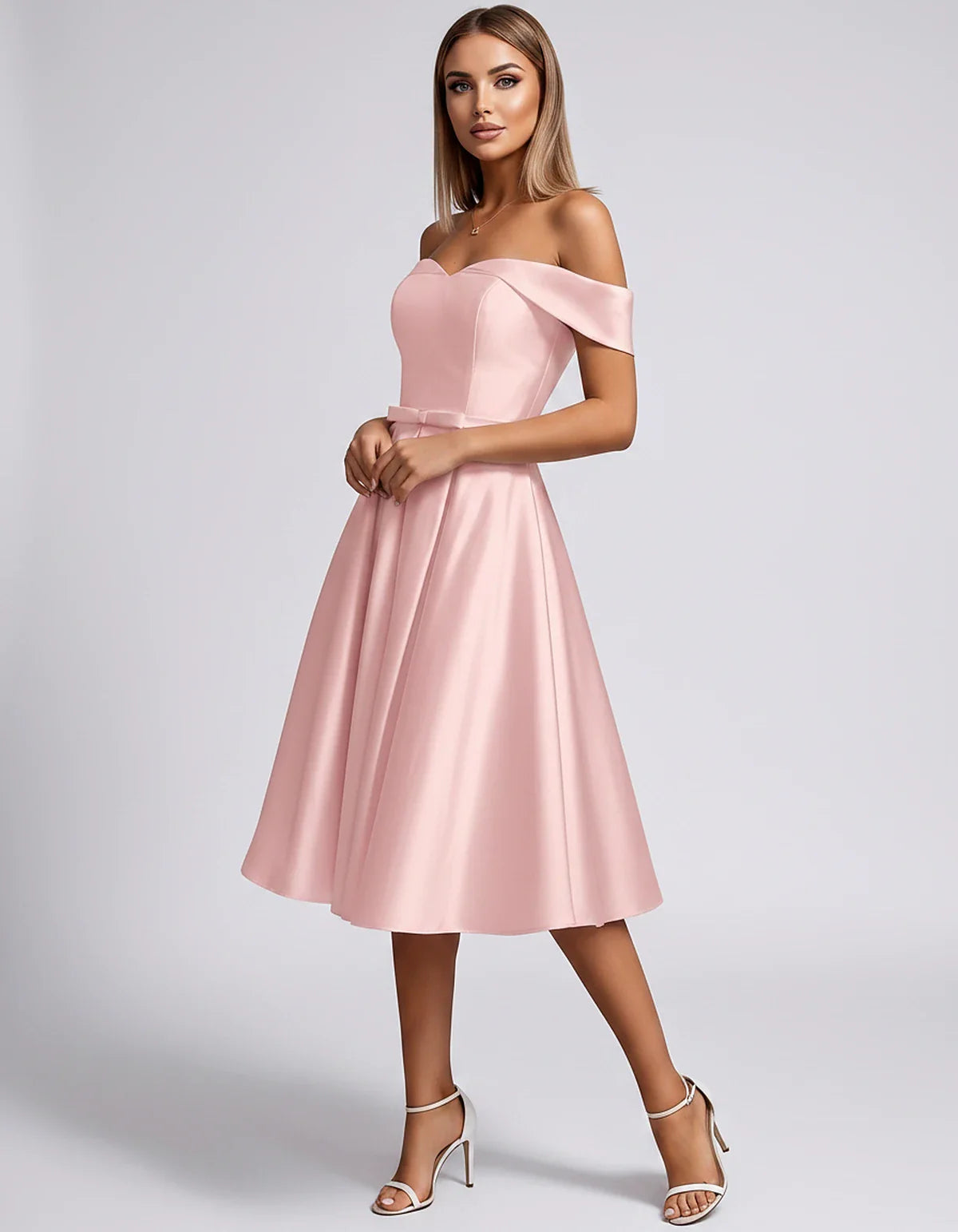 Satin Off-the-Shoulder Sweetheart A-Line Midi Dress with Pockets for Party, Cocktail, Evening, Wedding Guest & Summer Events, | SKU: LMD-584730196284715-PINK-L,LMD-584730196284715-PINK-M,LMD-584730196284715-PINK-S,LMD-584730196284715-PINK-XL,LMD-584730196284715-PINK-XS
