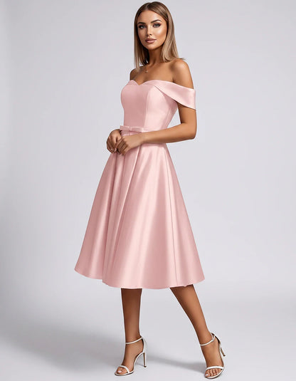 Satin Off-the-Shoulder Sweetheart A-Line Midi Dress with Pockets for Party, Cocktail, Evening, Wedding Guest & Summer Events, | SKU: LMD-584730196284715-PINK-L,LMD-584730196284715-PINK-M,LMD-584730196284715-PINK-S,LMD-584730196284715-PINK-XL,LMD-584730196284715-PINK-XS