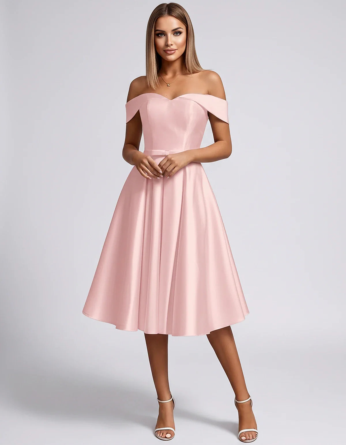 Satin Off-the-Shoulder Sweetheart A-Line Midi Dress with Pockets for Party, Cocktail, Evening, Wedding Guest & Summer Events, | SKU: LMD-584730196284715-PINK-L,LMD-584730196284715-PINK-M,LMD-584730196284715-PINK-S,LMD-584730196284715-PINK-XL,LMD-584730196284715-PINK-XS