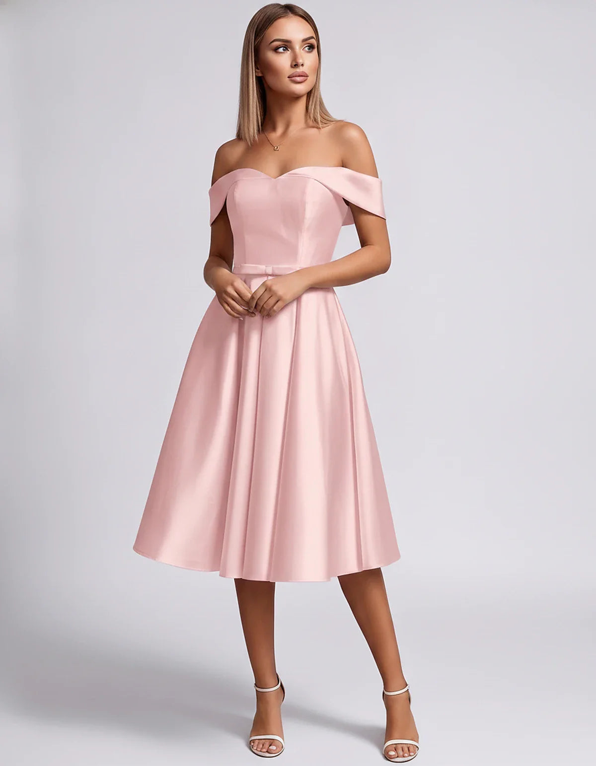 Satin Off-the-Shoulder Sweetheart A-Line Midi Dress with Pockets for Party, Cocktail, Evening, Wedding Guest & Summer Events, | SKU: LMD-584730196284715-PINK-L,LMD-584730196284715-PINK-M,LMD-584730196284715-PINK-S,LMD-584730196284715-PINK-XL,LMD-584730196284715-PINK-XS