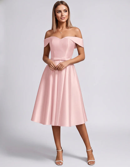 Satin Off-the-Shoulder Sweetheart A-Line Midi Dress with Pockets for Party, Cocktail, Evening, Wedding Guest & Summer Events, | SKU: LMD-584730196284715-PINK-L,LMD-584730196284715-PINK-M,LMD-584730196284715-PINK-S,LMD-584730196284715-PINK-XL,LMD-584730196284715-PINK-XS