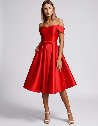 Satin Off-the-Shoulder Sweetheart A-Line Midi Dress with Pockets for Party, Cocktail, Evening, Wedding Guest & Summer Events, | SKU: LMD-584730196284715-RED-L,LMD-584730196284715-RED-M,LMD-584730196284715-RED-S,LMD-584730196284715-RED-XL,LMD-584730196284715-RED-XS