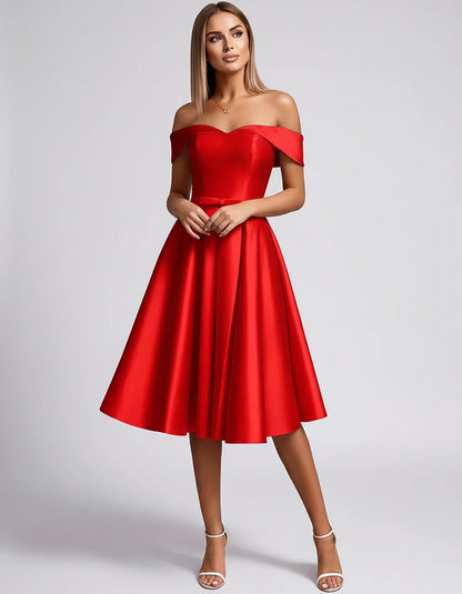 Satin Off-the-Shoulder Sweetheart A-Line Midi Dress with Pockets for Party, Cocktail, Evening, Wedding Guest & Summer Events, | SKU: LMD-584730196284715-RED-L,LMD-584730196284715-RED-M,LMD-584730196284715-RED-S,LMD-584730196284715-RED-XL,LMD-584730196284715-RED-XS