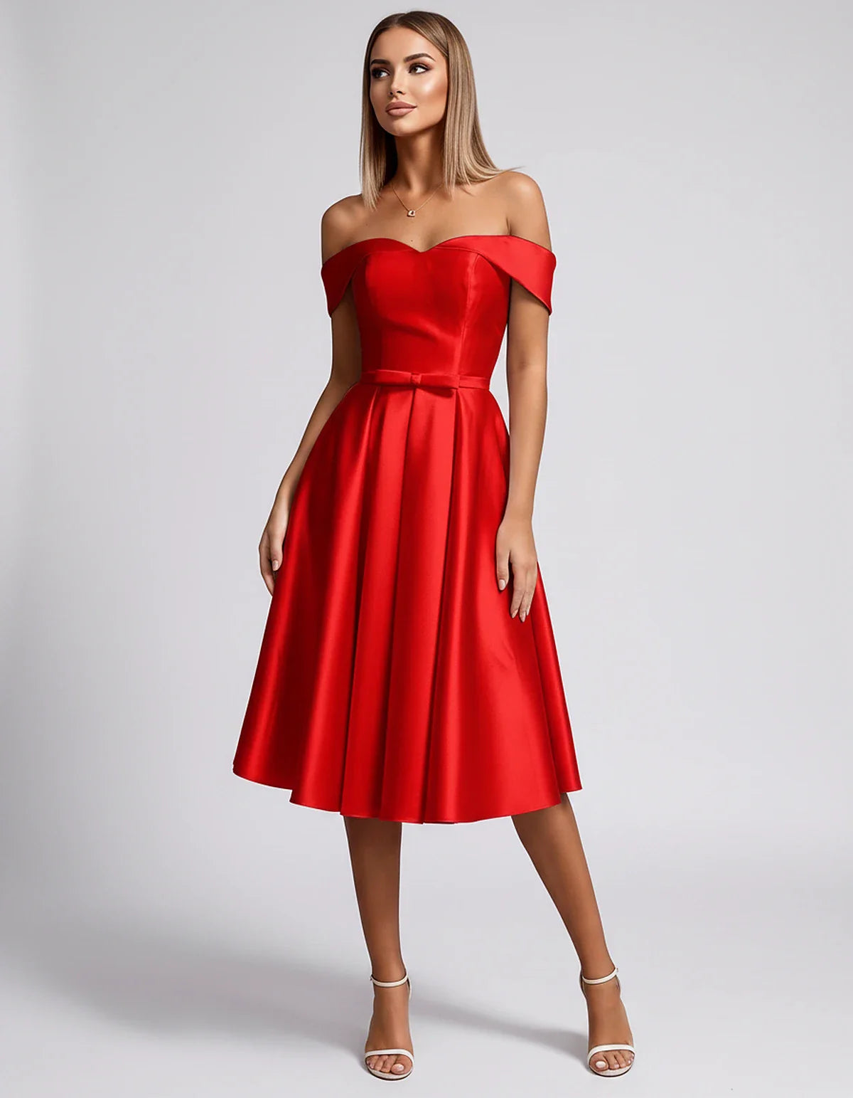 Satin Off-the-Shoulder Sweetheart A-Line Midi Dress with Pockets for Party, Cocktail, Evening, Wedding Guest & Summer Events, | SKU: LMD-584730196284715-RED-L,LMD-584730196284715-RED-M,LMD-584730196284715-RED-S,LMD-584730196284715-RED-XL,LMD-584730196284715-RED-XS