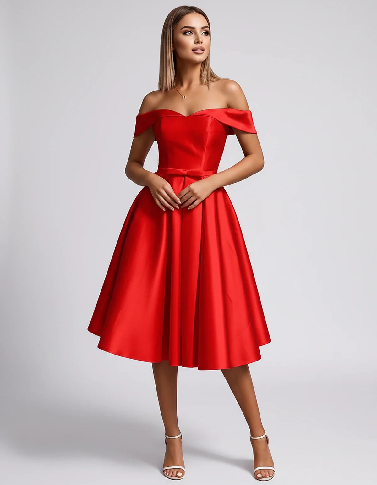 Satin Off-the-Shoulder Sweetheart A-Line Midi Dress with Pockets for Party, Cocktail, Evening, Wedding Guest & Summer Events, | SKU: LMD-584730196284715-RED-L,LMD-584730196284715-RED-M,LMD-584730196284715-RED-S,LMD-584730196284715-RED-XL,LMD-584730196284715-RED-XS
