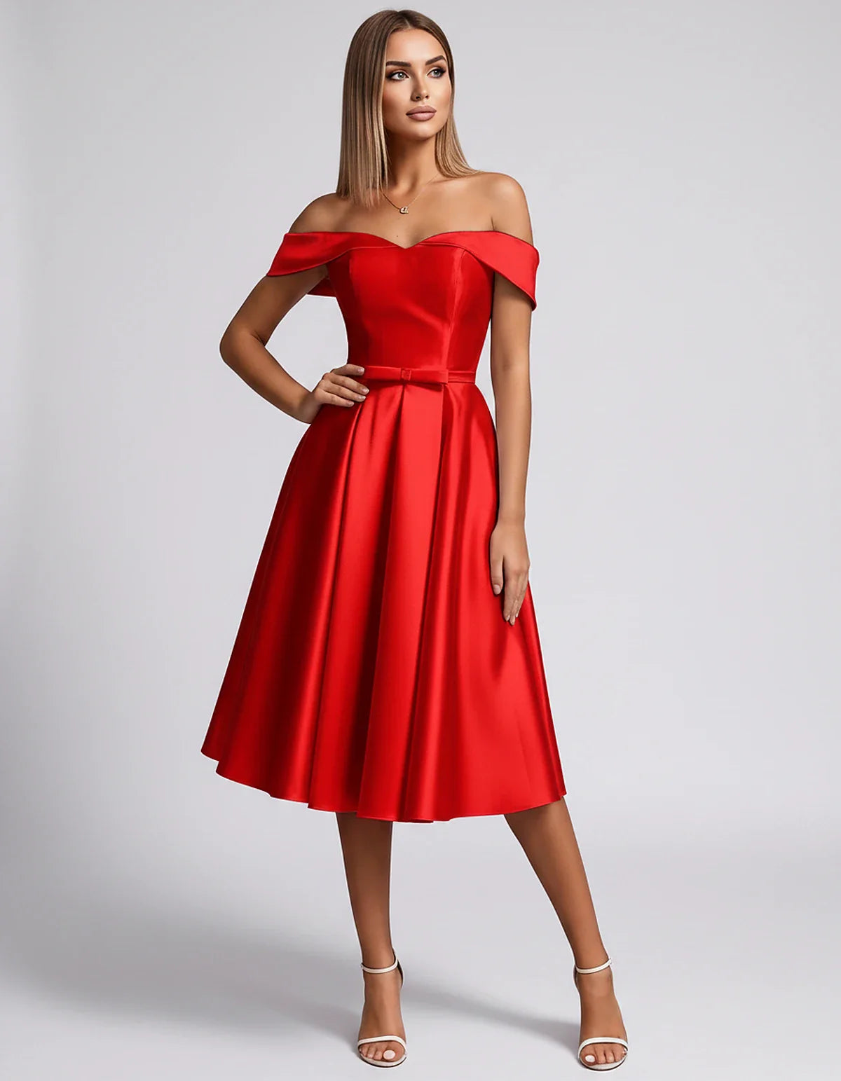 Satin Off-the-Shoulder Sweetheart A-Line Midi Dress with Pockets for Party, Cocktail, Evening, Wedding Guest & Summer Events, | SKU: LMD-584730196284715-RED-L,LMD-584730196284715-RED-M,LMD-584730196284715-RED-S,LMD-584730196284715-RED-XL,LMD-584730196284715-RED-XS