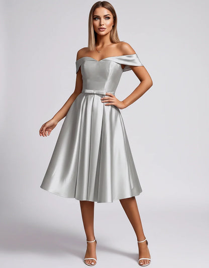 Satin Off-the-Shoulder Sweetheart A-Line Midi Dress with Pockets for Party, Cocktail, Evening, Wedding Guest & Summer Events, | SKU: LMD-584730196284715-SILVER-L,LMD-584730196284715-SILVER-M,LMD-584730196284715-SILVER-S,LMD-584730196284715-SILVER-XL,LMD-584730196284715-SILVER-XS
