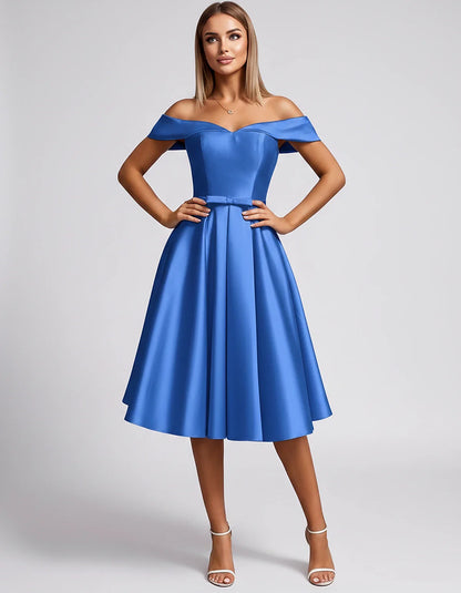 Satin Off-the-Shoulder Sweetheart A-Line Midi Dress with Pockets for Party, Cocktail, Evening, Wedding Guest & Summer Events, | SKU: LMD-584730196284715-BLUE-L,LMD-584730196284715-BLUE-M,LMD-584730196284715-BLUE-S,LMD-584730196284715-BLUE-XL,LMD-584730196284715-BLUE-XS