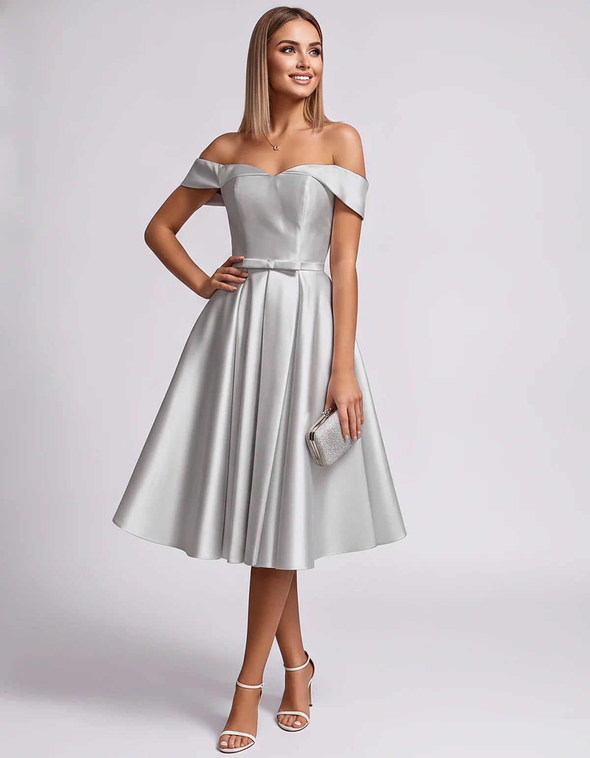 Satin Off-the-Shoulder Sweetheart A-Line Midi Dress with Pockets for Party, Cocktail, Evening, Wedding Guest & Summer Events, | SKU: LMD-584730196284715-SILVER-L,LMD-584730196284715-SILVER-M,LMD-584730196284715-SILVER-S,LMD-584730196284715-SILVER-XL,LMD-584730196284715-SILVER-XS