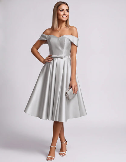 Satin Off-the-Shoulder Sweetheart A-Line Midi Dress with Pockets for Party, Cocktail, Evening, Wedding Guest & Summer Events, | SKU: LMD-584730196284715-SILVER-L,LMD-584730196284715-SILVER-M,LMD-584730196284715-SILVER-S,LMD-584730196284715-SILVER-XL,LMD-584730196284715-SILVER-XS