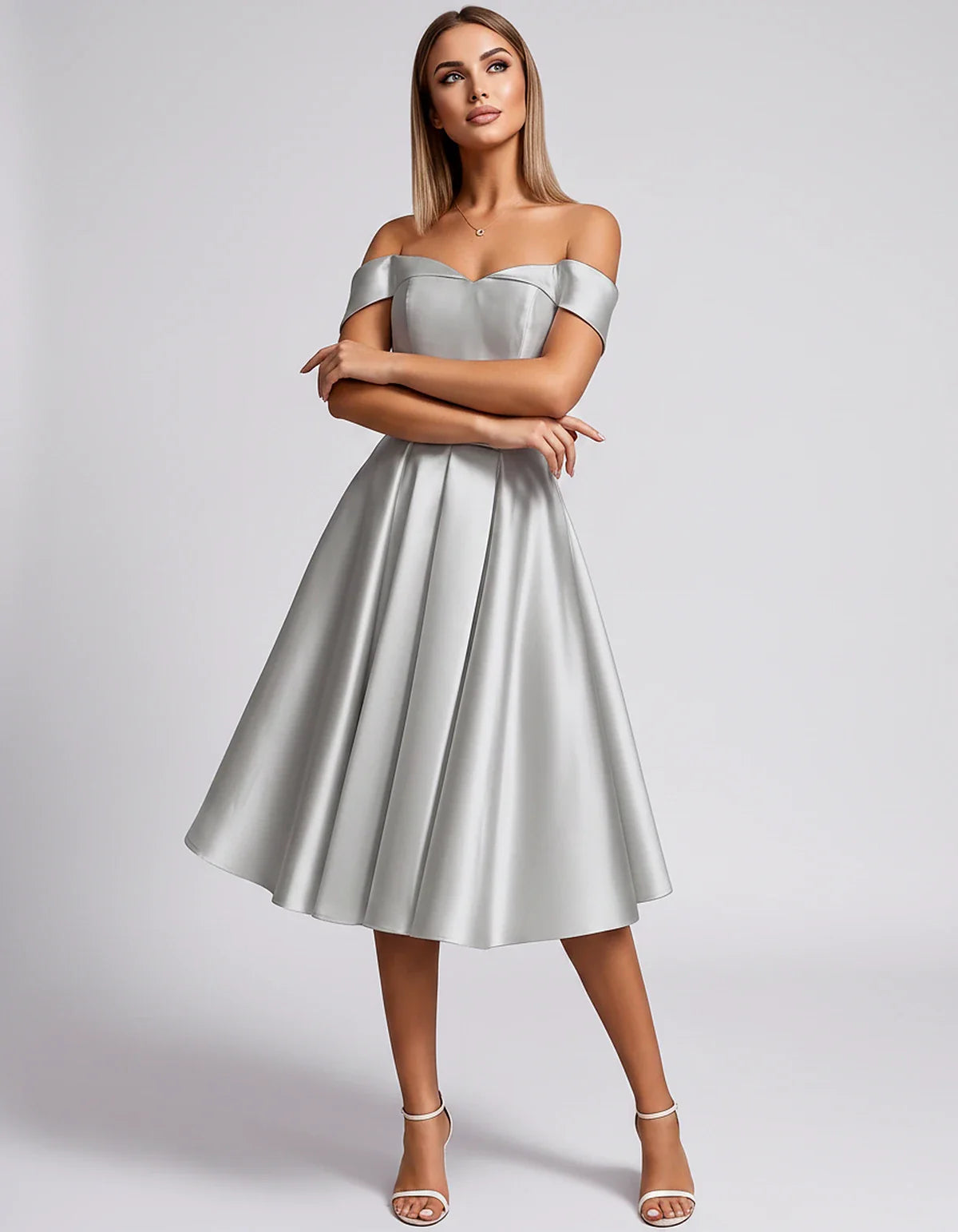 Satin Off-the-Shoulder Sweetheart A-Line Midi Dress with Pockets for Party, Cocktail, Evening, Wedding Guest & Summer Events, | SKU: LMD-584730196284715-SILVER-L,LMD-584730196284715-SILVER-M,LMD-584730196284715-SILVER-S,LMD-584730196284715-SILVER-XL,LMD-584730196284715-SILVER-XS