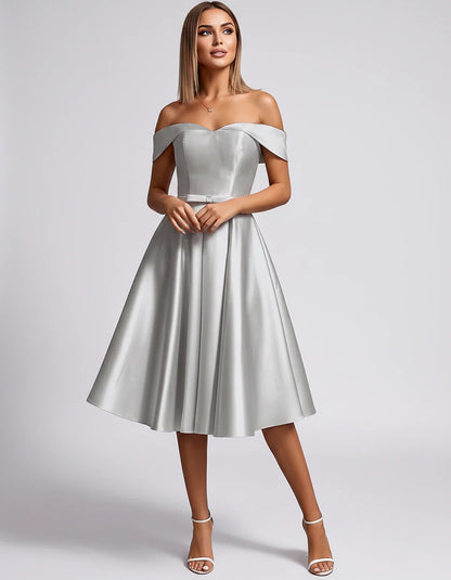 Satin Off-the-Shoulder Sweetheart A-Line Midi Dress with Pockets for Party, Cocktail, Evening, Wedding Guest & Summer Events, | SKU: LMD-584730196284715-SILVER-L,LMD-584730196284715-SILVER-M,LMD-584730196284715-SILVER-S,LMD-584730196284715-SILVER-XL,LMD-584730196284715-SILVER-XS