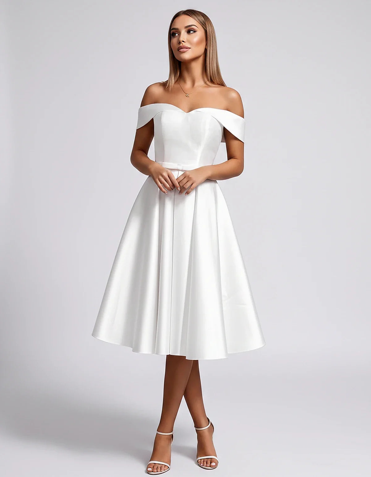 Satin Off-the-Shoulder Sweetheart A-Line Midi Dress with Pockets for Party, Cocktail, Evening, Wedding Guest & Summer Events, | SKU: LMD-584730196284715-WHITE-L,LMD-584730196284715-WHITE-M,LMD-584730196284715-WHITE-S,LMD-584730196284715-WHITE-XL,LMD-584730196284715-WHITE-XS