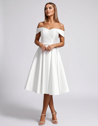 Satin Off-the-Shoulder Sweetheart A-Line Midi Dress with Pockets for Party, Cocktail, Evening, Wedding Guest & Summer Events, | SKU: LMD-584730196284715-WHITE-L,LMD-584730196284715-WHITE-M,LMD-584730196284715-WHITE-S,LMD-584730196284715-WHITE-XL,LMD-584730196284715-WHITE-XS