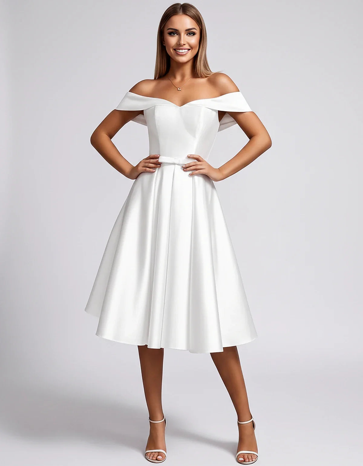 Satin Off-the-Shoulder Sweetheart A-Line Midi Dress with Pockets for Party, Cocktail, Evening, Wedding Guest & Summer Events, | SKU: LMD-584730196284715-WHITE-L,LMD-584730196284715-WHITE-M,LMD-584730196284715-WHITE-S,LMD-584730196284715-WHITE-XL,LMD-584730196284715-WHITE-XS