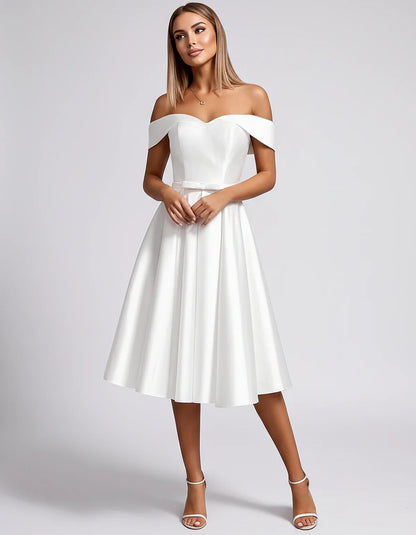 Satin Off-the-Shoulder Sweetheart A-Line Midi Dress with Pockets for Party, Cocktail, Evening, Wedding Guest & Summer Events, | SKU: LMD-584730196284715-WHITE-L,LMD-584730196284715-WHITE-M,LMD-584730196284715-WHITE-S,LMD-584730196284715-WHITE-XL,LMD-584730196284715-WHITE-XS