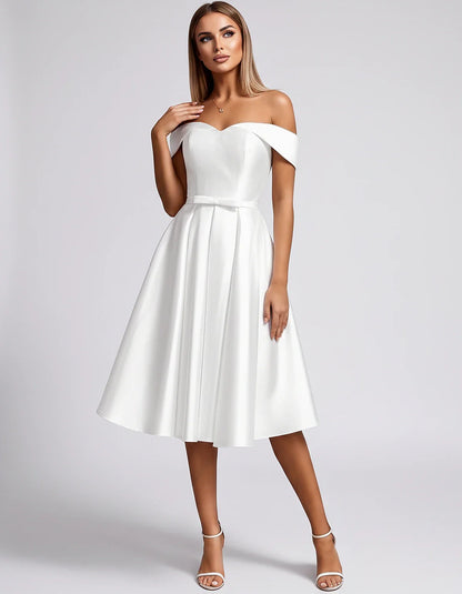 Satin Off-the-Shoulder Sweetheart A-Line Midi Dress with Pockets for Party, Cocktail, Evening, Wedding Guest & Summer Events, | SKU: LMD-584730196284715-WHITE-L,LMD-584730196284715-WHITE-M,LMD-584730196284715-WHITE-S,LMD-584730196284715-WHITE-XL,LMD-584730196284715-WHITE-XS