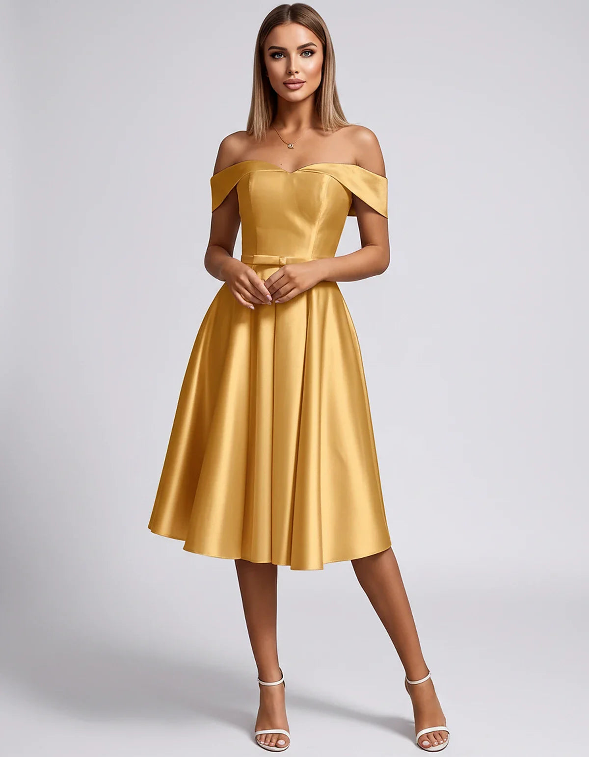 Satin Off-the-Shoulder Sweetheart A-Line Midi Dress with Pockets for Party, Cocktail, Evening, Wedding Guest & Summer Events, | SKU: LMD-584730196284715-YELLOW-L,LMD-584730196284715-YELLOW-M,LMD-584730196284715-YELLOW-S,LMD-584730196284715-YELLOW-XL,LMD-584730196284715-YELLOW-XS