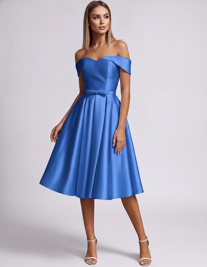 Satin Off-the-Shoulder Sweetheart A-Line Midi Dress with Pockets for Party, Cocktail, Evening, Wedding Guest & Summer Events, | SKU: LMD-584730196284715-BLUE-L,LMD-584730196284715-BLUE-M,LMD-584730196284715-BLUE-S,LMD-584730196284715-BLUE-XL,LMD-584730196284715-BLUE-XS