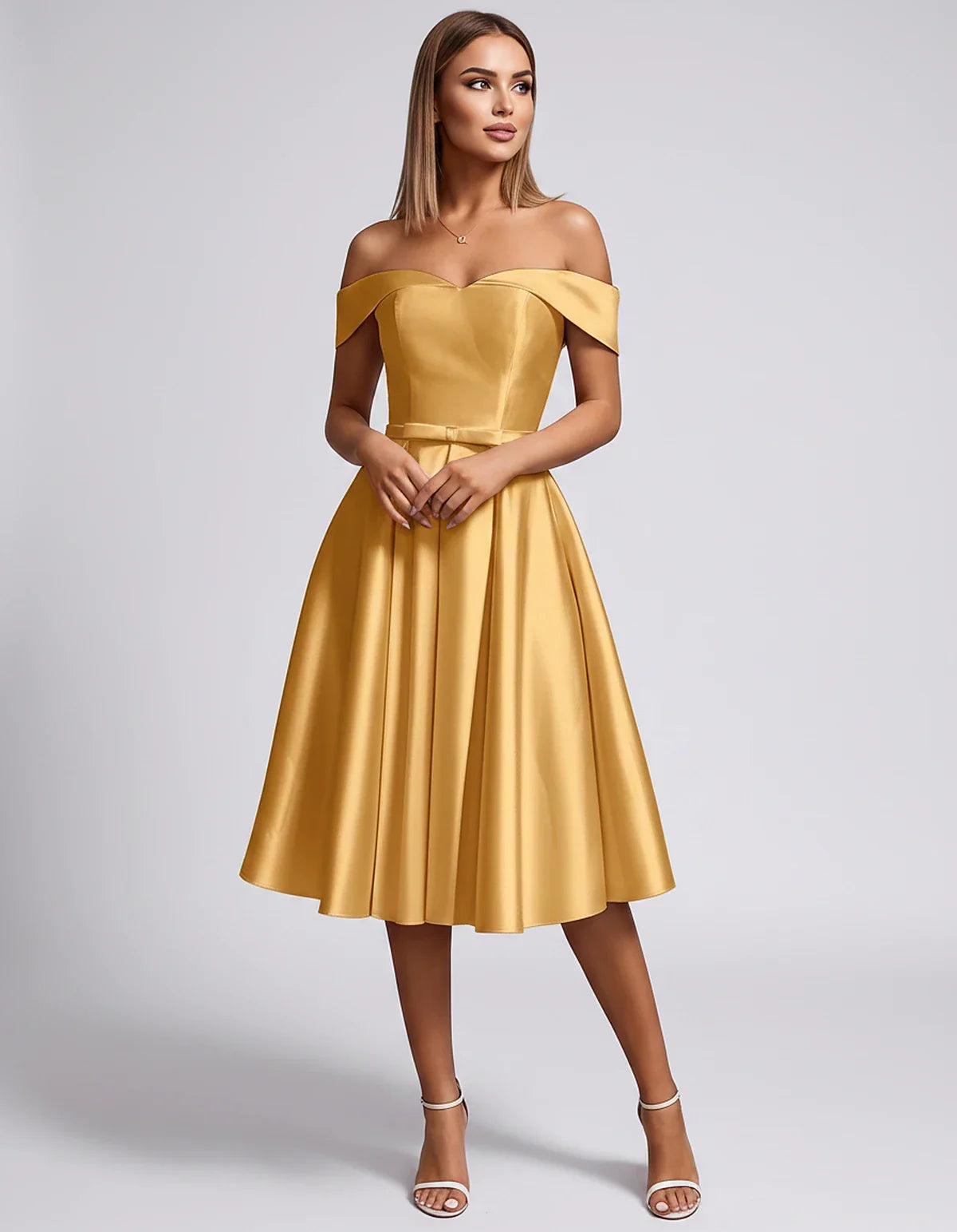 Satin Off-the-Shoulder Sweetheart A-Line Midi Dress with Pockets for Party, Cocktail, Evening, Wedding Guest & Summer Events, | SKU: LMD-584730196284715-YELLOW-L,LMD-584730196284715-YELLOW-M,LMD-584730196284715-YELLOW-S,LMD-584730196284715-YELLOW-XL,LMD-584730196284715-YELLOW-XS
