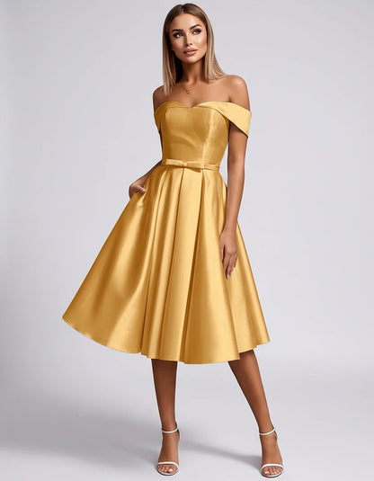 Satin Off-the-Shoulder Sweetheart A-Line Midi Dress with Pockets for Party, Cocktail, Evening, Wedding Guest & Summer Events, | SKU: LMD-584730196284715-YELLOW-L,LMD-584730196284715-YELLOW-M,LMD-584730196284715-YELLOW-S,LMD-584730196284715-YELLOW-XL,LMD-584730196284715-YELLOW-XS