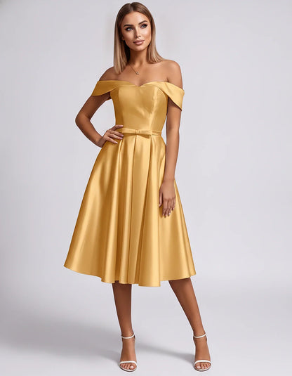 Satin Off-the-Shoulder Sweetheart A-Line Midi Dress with Pockets for Party, Cocktail, Evening, Wedding Guest & Summer Events, | SKU: LMD-584730196284715-YELLOW-L,LMD-584730196284715-YELLOW-M,LMD-584730196284715-YELLOW-S,LMD-584730196284715-YELLOW-XL,LMD-584730196284715-YELLOW-XS