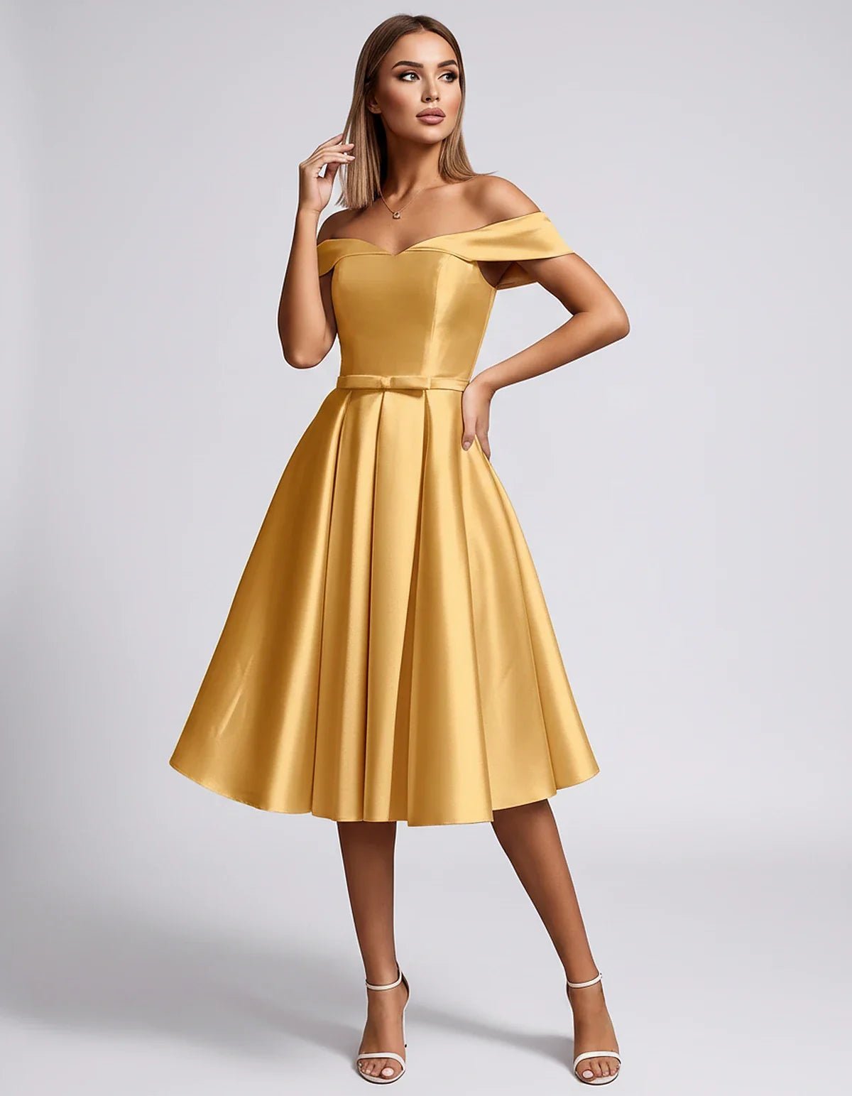 Satin Off-the-Shoulder Sweetheart A-Line Midi Dress with Pockets for Party, Cocktail, Evening, Wedding Guest & Summer Events, | SKU: LMD-584730196284715-YELLOW-L,LMD-584730196284715-YELLOW-M,LMD-584730196284715-YELLOW-S,LMD-584730196284715-YELLOW-XL,LMD-584730196284715-YELLOW-XS