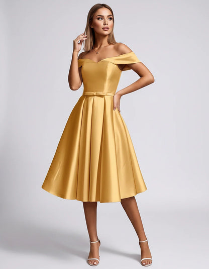 Satin Off-the-Shoulder Sweetheart A-Line Midi Dress with Pockets for Party, Cocktail, Evening, Wedding Guest & Summer Events, | SKU: LMD-584730196284715-YELLOW-L,LMD-584730196284715-YELLOW-M,LMD-584730196284715-YELLOW-S,LMD-584730196284715-YELLOW-XL,LMD-584730196284715-YELLOW-XS
