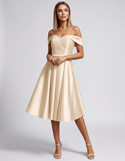 Satin Off-the-Shoulder Sweetheart A-Line Midi Dress with Pockets for Party, Cocktail, Evening, Wedding Guest & Summer Events, | SKU: LMD-584730196284715-CHAMPAGNE-L,LMD-584730196284715-CHAMPAGNE-M,LMD-584730196284715-CHAMPAGNE-S,LMD-584730196284715-CHAMPAGNE-XL,LMD-584730196284715-CHAMPAGNE-XS