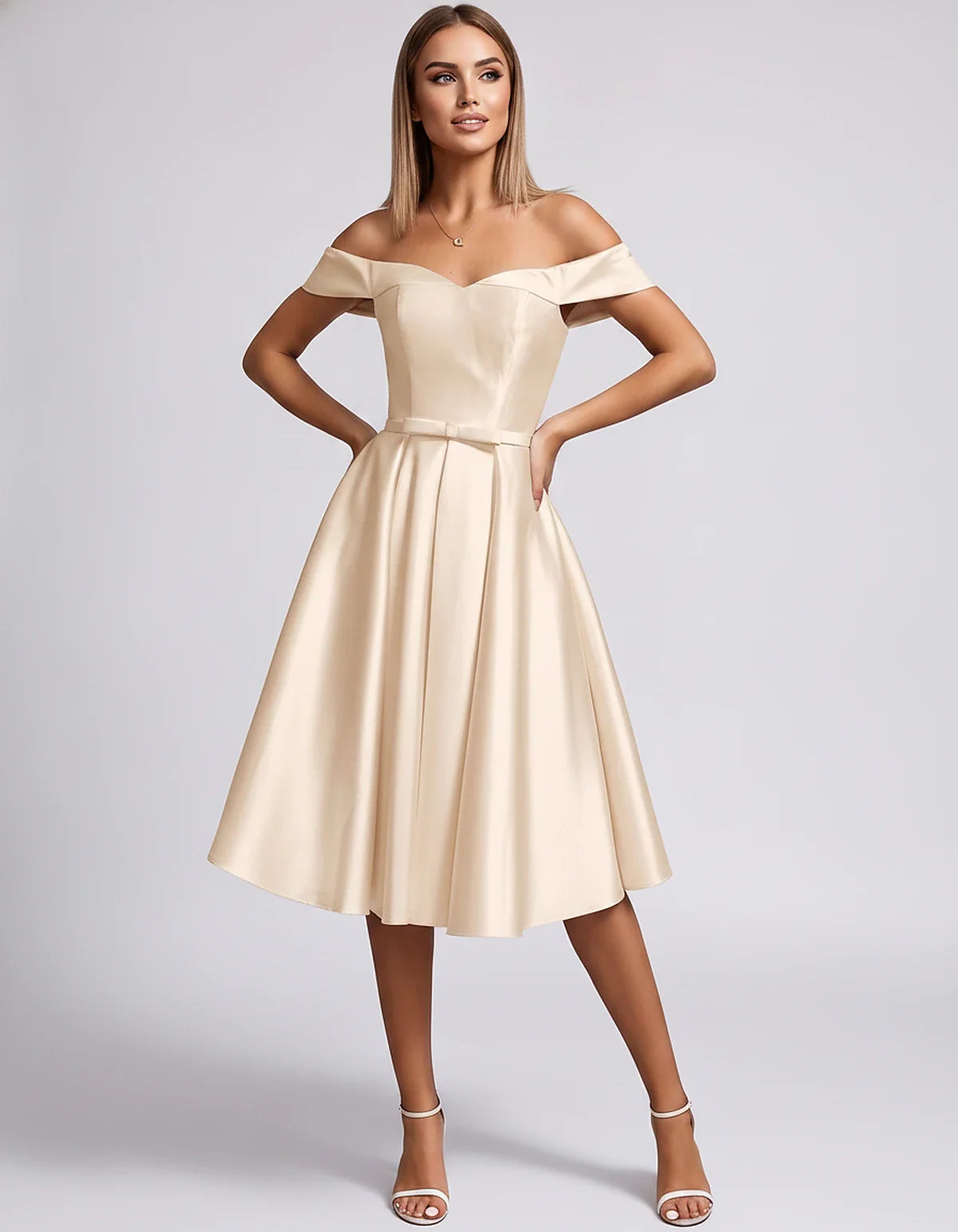 Satin Off-the-Shoulder Sweetheart A-Line Midi Dress with Pockets for Party, Cocktail, Evening, Wedding Guest & Summer Events, | SKU: LMD-584730196284715-CHAMPAGNE-L,LMD-584730196284715-CHAMPAGNE-M,LMD-584730196284715-CHAMPAGNE-S,LMD-584730196284715-CHAMPAGNE-XL,LMD-584730196284715-CHAMPAGNE-XS
