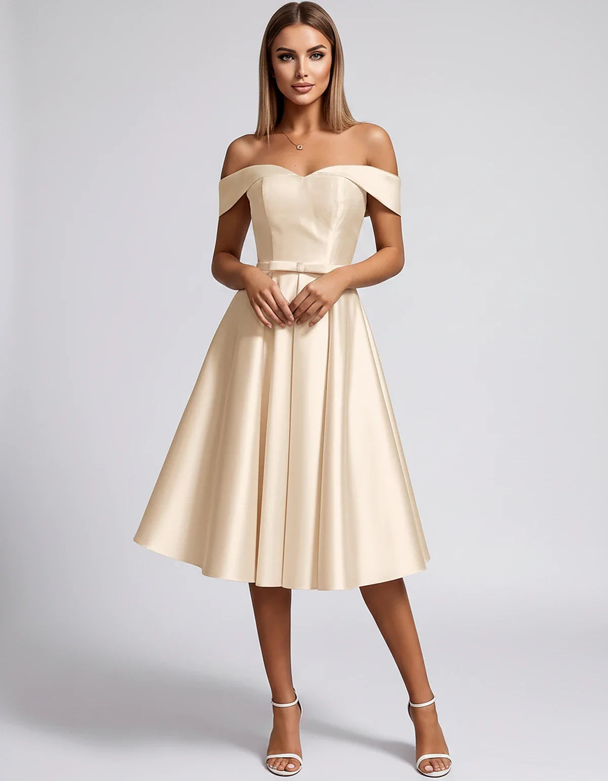 Satin Off-the-Shoulder Sweetheart A-Line Midi Dress with Pockets for Party, Cocktail, Evening, Wedding Guest & Summer Events, | SKU: LMD-584730196284715-CHAMPAGNE-L,LMD-584730196284715-CHAMPAGNE-M,LMD-584730196284715-CHAMPAGNE-S,LMD-584730196284715-CHAMPAGNE-XL,LMD-584730196284715-CHAMPAGNE-XS