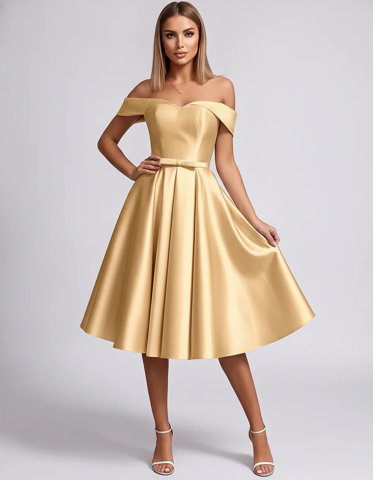 Satin Off-the-Shoulder Sweetheart A-Line Midi Dress with Pockets for Party, Cocktail, Evening, Wedding Guest & Summer Events, | SKU: LMD-584730196284715-GOLD-L,LMD-584730196284715-GOLD-M,LMD-584730196284715-GOLD-S,LMD-584730196284715-GOLD-XL,LMD-584730196284715-GOLD-XS