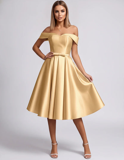 Satin Off-the-Shoulder Sweetheart A-Line Midi Dress with Pockets for Party, Cocktail, Evening, Wedding Guest & Summer Events, | SKU: LMD-584730196284715-GOLD-L,LMD-584730196284715-GOLD-M,LMD-584730196284715-GOLD-S,LMD-584730196284715-GOLD-XL,LMD-584730196284715-GOLD-XS