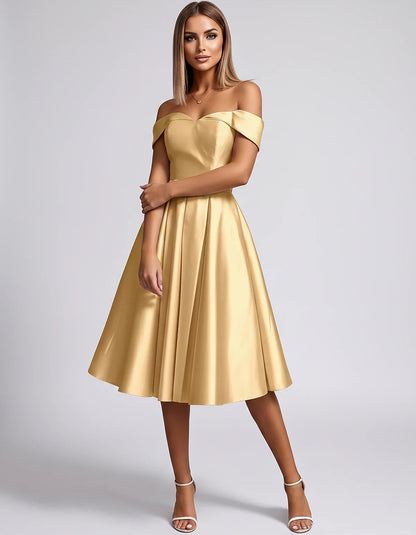 Satin Off-the-Shoulder Sweetheart A-Line Midi Dress with Pockets for Party, Cocktail, Evening, Wedding Guest & Summer Events, | SKU: LMD-584730196284715-GOLD-L,LMD-584730196284715-GOLD-M,LMD-584730196284715-GOLD-S,LMD-584730196284715-GOLD-XL,LMD-584730196284715-GOLD-XS