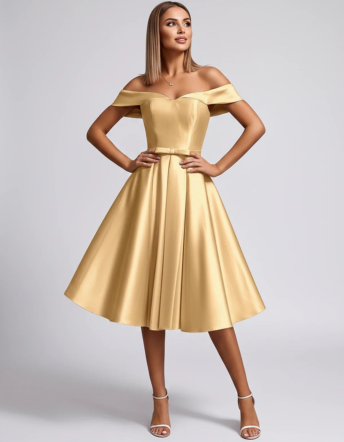 Satin Off-the-Shoulder Sweetheart A-Line Midi Dress with Pockets for Party, Cocktail, Evening, Wedding Guest & Summer Events, | SKU: LMD-584730196284715-GOLD-L,LMD-584730196284715-GOLD-M,LMD-584730196284715-GOLD-S,LMD-584730196284715-GOLD-XL,LMD-584730196284715-GOLD-XS