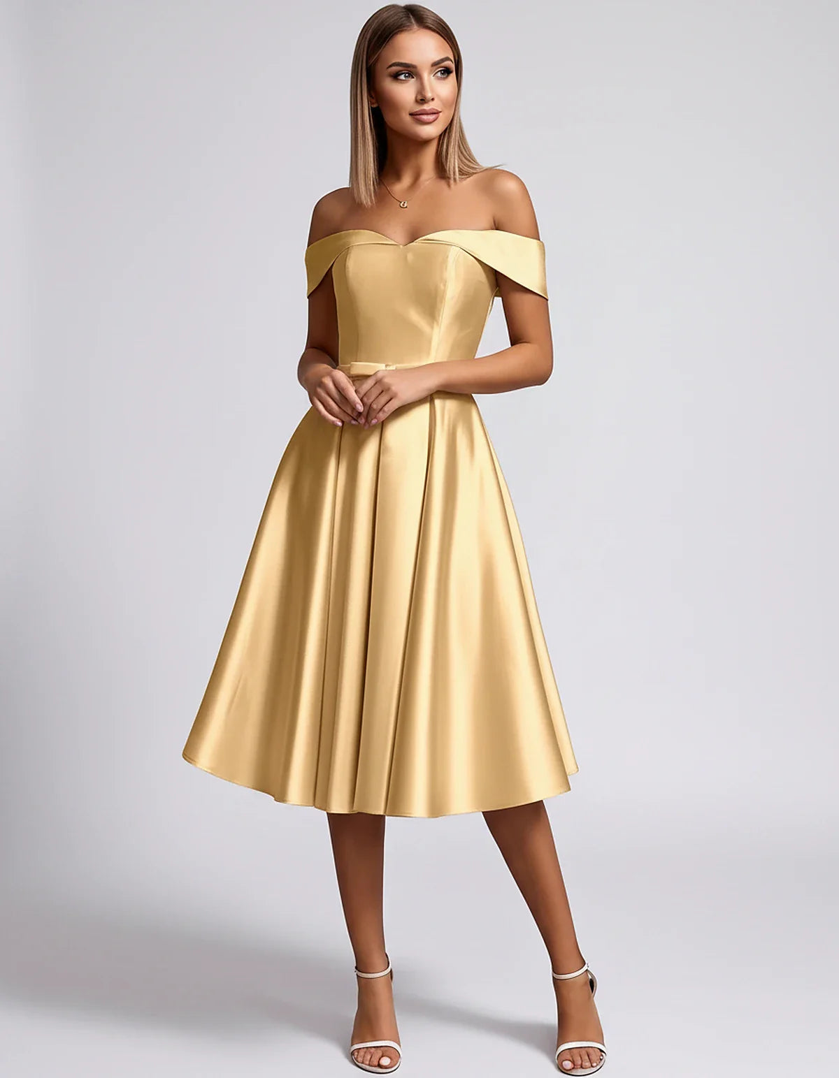 Satin Off-the-Shoulder Sweetheart A-Line Midi Dress with Pockets for Party, Cocktail, Evening, Wedding Guest & Summer Events, | SKU: LMD-584730196284715-GOLD-L,LMD-584730196284715-GOLD-M,LMD-584730196284715-GOLD-S,LMD-584730196284715-GOLD-XL,LMD-584730196284715-GOLD-XS