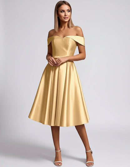 Satin Off-the-Shoulder Sweetheart A-Line Midi Dress with Pockets for Party, Cocktail, Evening, Wedding Guest & Summer Events, | SKU: LMD-584730196284715-GOLD-L,LMD-584730196284715-GOLD-M,LMD-584730196284715-GOLD-S,LMD-584730196284715-GOLD-XL,LMD-584730196284715-GOLD-XS