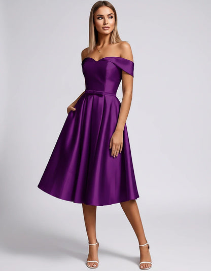 Satin Off-the-Shoulder Sweetheart A-Line Midi Dress with Pockets for Party, Cocktail, Evening, Wedding Guest & Summer Events, | SKU: LMD-584730196284715-PLUM-L,LMD-584730196284715-PLUM-M,LMD-584730196284715-PLUM-S,LMD-584730196284715-PLUM-XL,LMD-584730196284715-PLUM-XS
