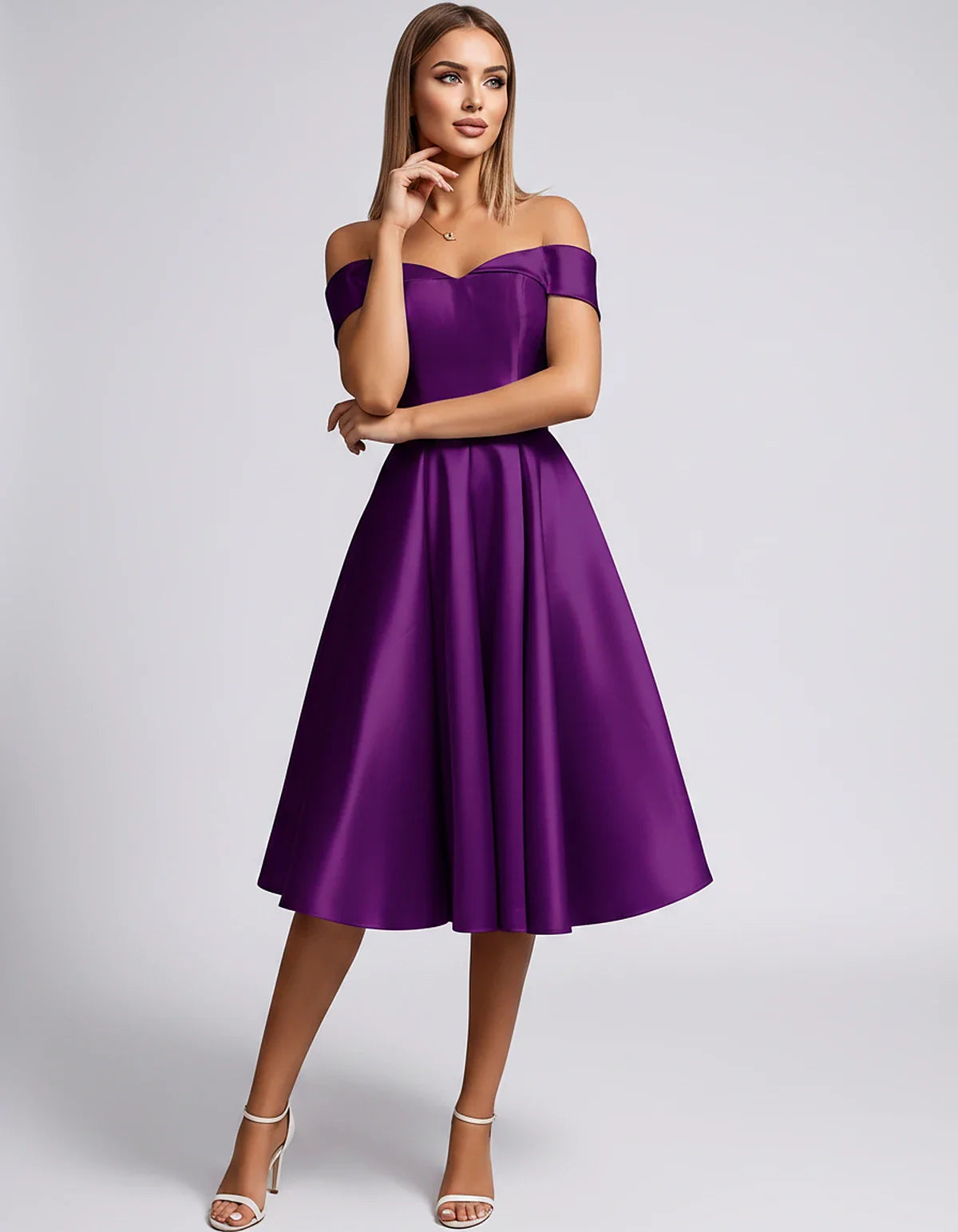 Satin Off-the-Shoulder Sweetheart A-Line Midi Dress with Pockets for Party, Cocktail, Evening, Wedding Guest & Summer Events, | SKU: LMD-584730196284715-PLUM-L,LMD-584730196284715-PLUM-M,LMD-584730196284715-PLUM-S,LMD-584730196284715-PLUM-XL,LMD-584730196284715-PLUM-XS