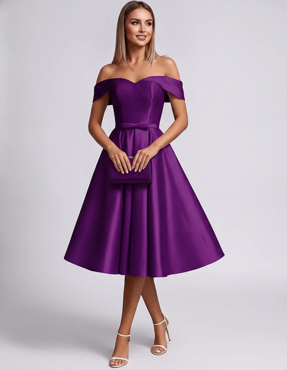 Satin Off-the-Shoulder Sweetheart A-Line Midi Dress with Pockets for Party, Cocktail, Evening, Wedding Guest & Summer Events, | SKU: LMD-584730196284715-PLUM-L,LMD-584730196284715-PLUM-M,LMD-584730196284715-PLUM-S,LMD-584730196284715-PLUM-XL,LMD-584730196284715-PLUM-XS