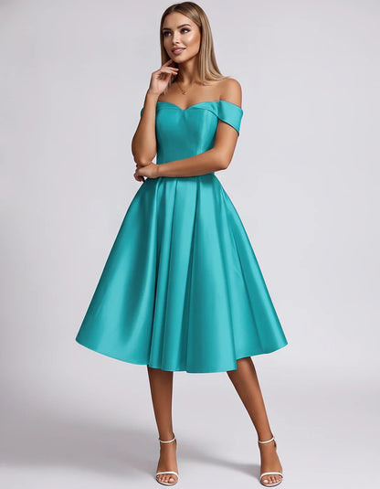 Satin Off-the-Shoulder Sweetheart A-Line Midi Dress with Pockets for Party, Cocktail, Evening, Wedding Guest & Summer Events, | SKU: LMD-584730196284715-TURQUOISE-L,LMD-584730196284715-TURQUOISE-M,LMD-584730196284715-TURQUOISE-S,LMD-584730196284715-TURQUOISE-XL,LMD-584730196284715-TURQUOISE-XS