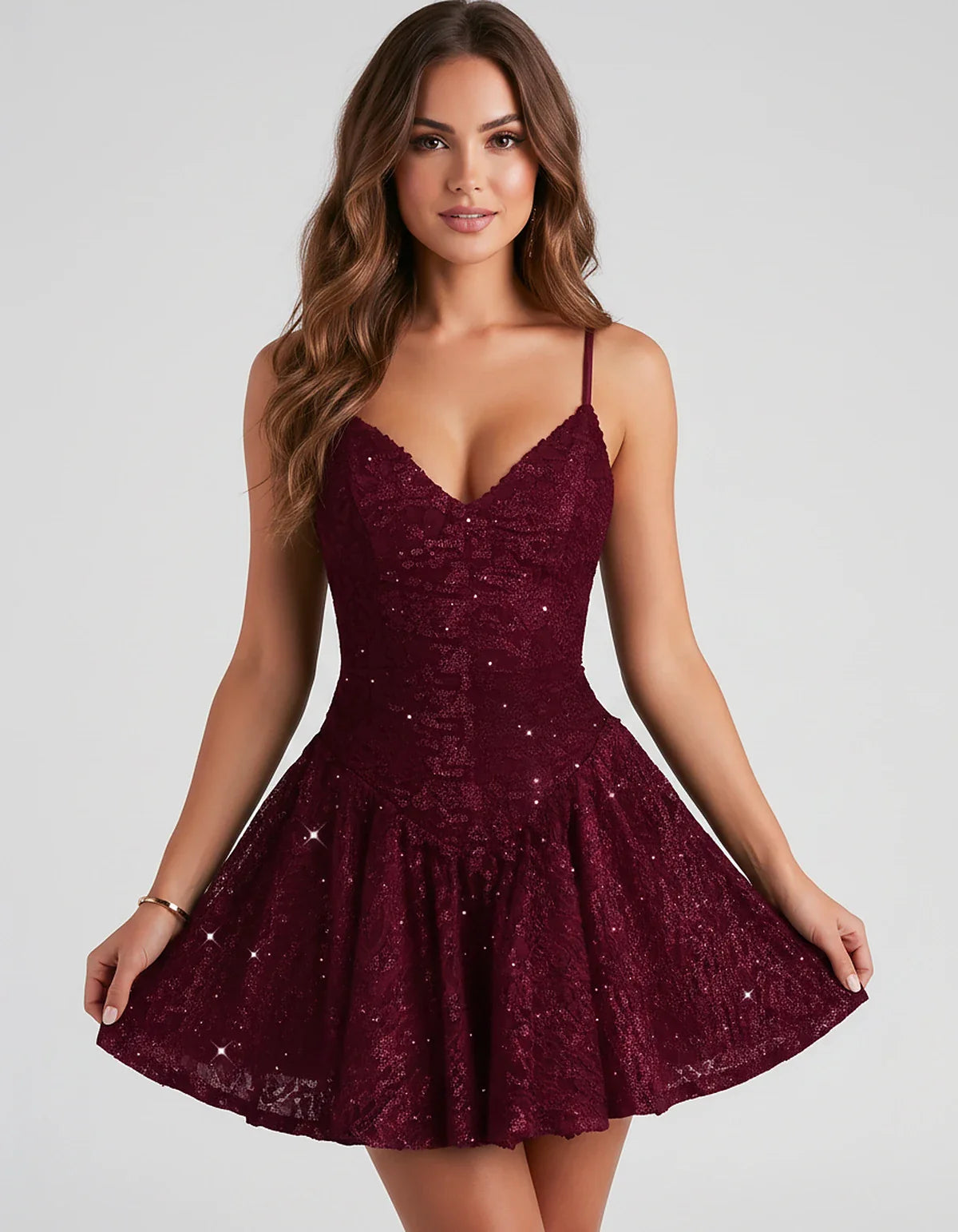 Sequin Lace Spaghetti Strap Sweetheart A-Line Mini Dress for Party, Cocktail, Evening Events, Summer & Wedding Guest Style, f | SKU: LMD-583920174628415-BURGUNDY-L,LMD-583920174628415-BURGUNDY-M,LMD-583920174628415-BURGUNDY-S,LMD-583920174628415-BURGUNDY-XL,LMD-583920174628415-BURGUNDY-XS