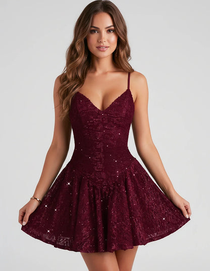 Sequin Lace Spaghetti Strap Sweetheart A-Line Mini Dress for Party, Cocktail, Evening Events, Summer & Wedding Guest Style, f | SKU: LMD-583920174628415-BURGUNDY-L,LMD-583920174628415-BURGUNDY-M,LMD-583920174628415-BURGUNDY-S,LMD-583920174628415-BURGUNDY-XL,LMD-583920174628415-BURGUNDY-XS