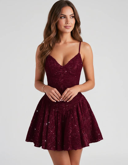 Sequin Lace Spaghetti Strap Sweetheart A-Line Mini Dress for Party, Cocktail, Evening Events, Summer & Wedding Guest Style, f | SKU: LMD-583920174628415-BURGUNDY-L,LMD-583920174628415-BURGUNDY-M,LMD-583920174628415-BURGUNDY-S,LMD-583920174628415-BURGUNDY-XL,LMD-583920174628415-BURGUNDY-XS
