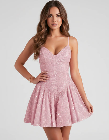 Sequin Lace Spaghetti Strap Sweetheart A-Line Mini Dress for Party, Cocktail, Evening Events, Summer & Wedding Guest Style, f | SKU: LMD-583920174628415-PINK-L,LMD-583920174628415-PINK-M,LMD-583920174628415-PINK-S,LMD-583920174628415-PINK-XL,LMD-583920174628415-PINK-XS