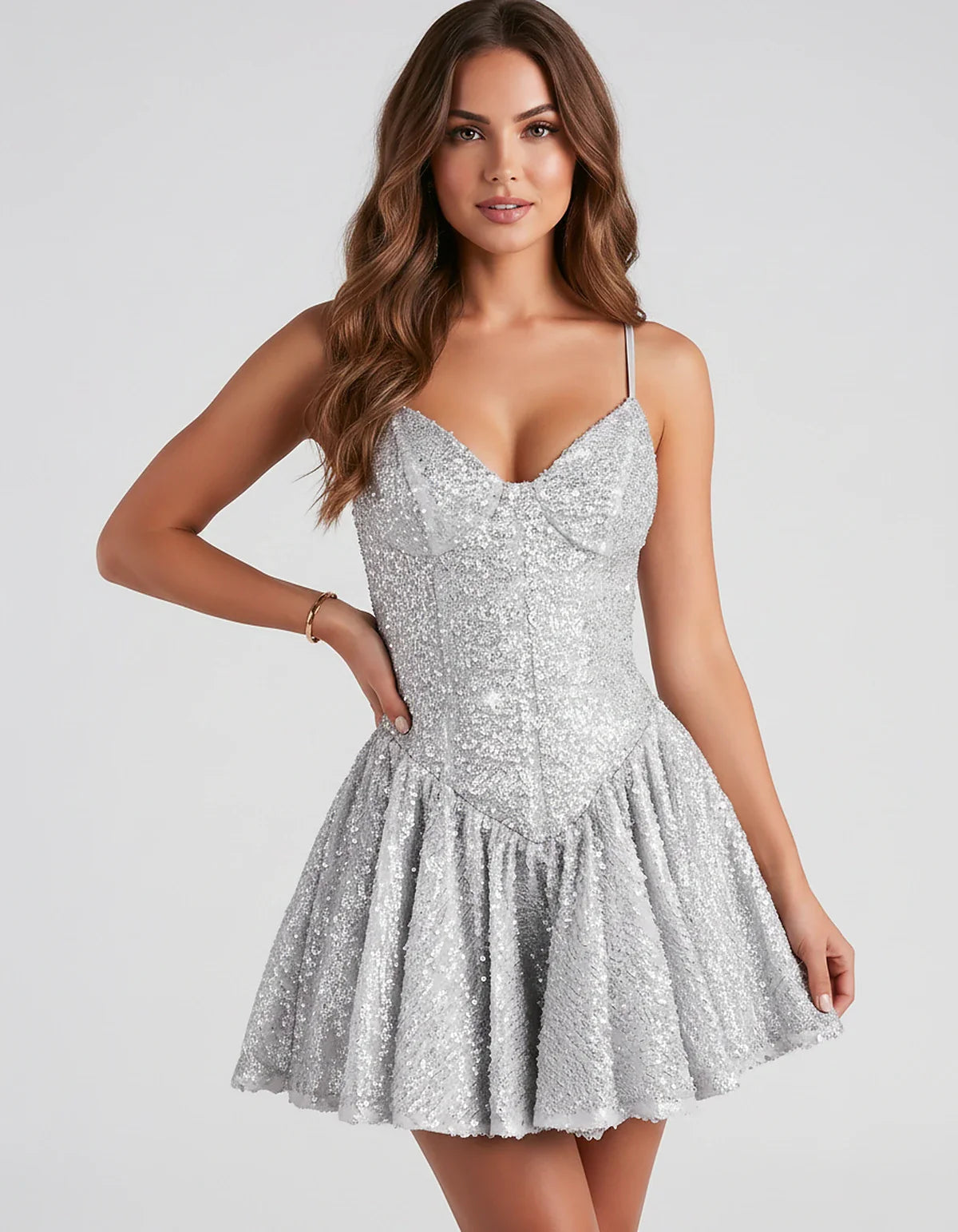 Sequin Lace Spaghetti Strap Sweetheart A-Line Mini Dress for Party, Cocktail, Evening Events, Summer & Wedding Guest Style, f | SKU: LMD-583920174628415-WHITE-L,LMD-583920174628415-WHITE-M,LMD-583920174628415-WHITE-S,LMD-583920174628415-WHITE-XL,LMD-583920174628415-WHITE-XS