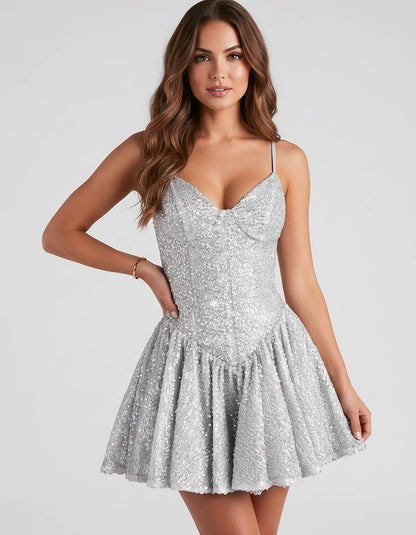 Sequin Lace Spaghetti Strap Sweetheart A-Line Mini Dress for Party, Cocktail, Evening Events, Summer & Wedding Guest Style, f | SKU: LMD-583920174628415-WHITE-L,LMD-583920174628415-WHITE-M,LMD-583920174628415-WHITE-S,LMD-583920174628415-WHITE-XL,LMD-583920174628415-WHITE-XS
