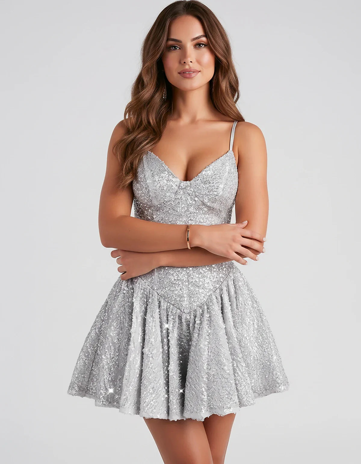 Sequin Lace Spaghetti Strap Sweetheart A-Line Mini Dress for Party, Cocktail, Evening Events, Summer & Wedding Guest Style, f | SKU: LMD-583920174628415-WHITE-L,LMD-583920174628415-WHITE-M,LMD-583920174628415-WHITE-S,LMD-583920174628415-WHITE-XL,LMD-583920174628415-WHITE-XS
